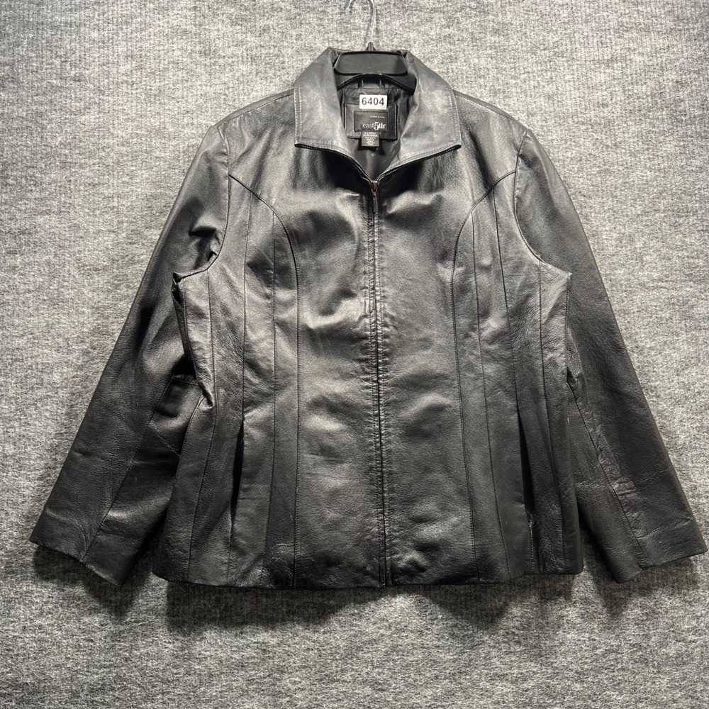East 5th Women Black Genuine Leather Zip Up Jacket XL Vertical Panel